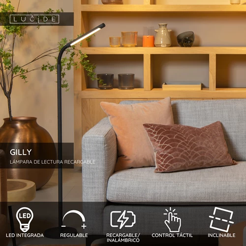 Lucide GILLY - Lámpara de lectura Recargable - Batería/acumulador - LED Regul. - 1x6W 2700K - Negro - USP